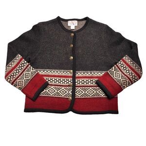 TALLY HO Creation 100% Wool Grannycore Art Aztec Sweater Cardigan Gray Maroon PL